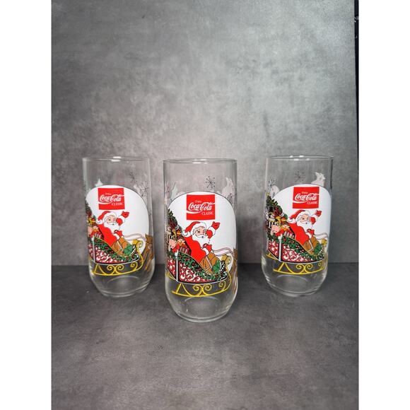 Vintage Coca Cola Reindeer & Santa Sleigh Glass Cups McCrory Stores Set Of 3 - Picture 1 of 5